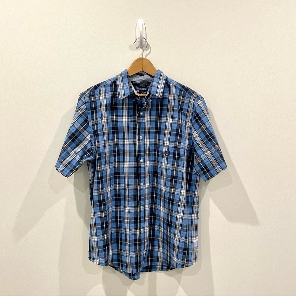 Chaps Easy Care Blue Plaid Short Sleeve Button Up